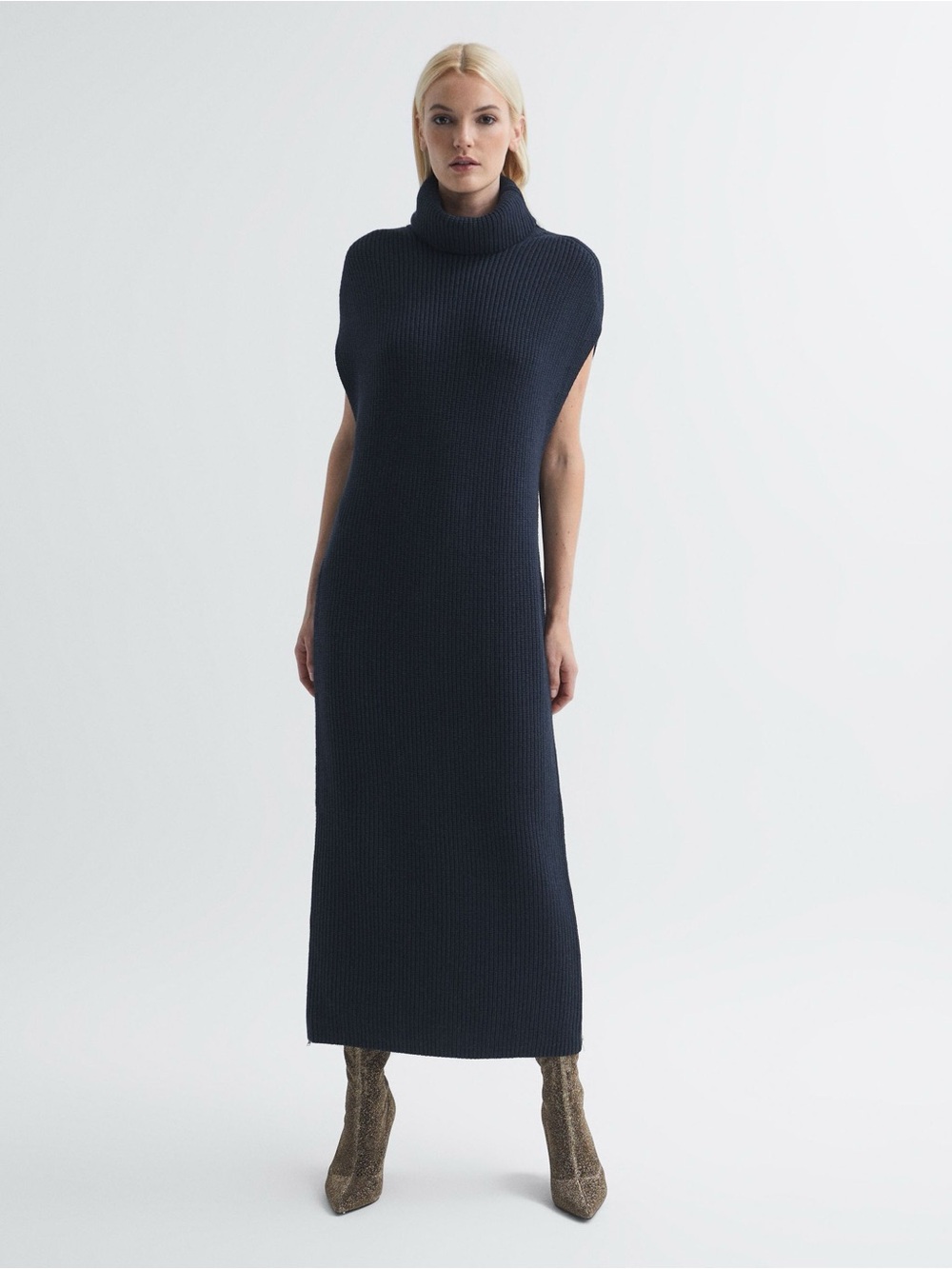 REISS Florere Knitted Roll Neck Midi Dress Wool Blend Navy size L chic Preppy